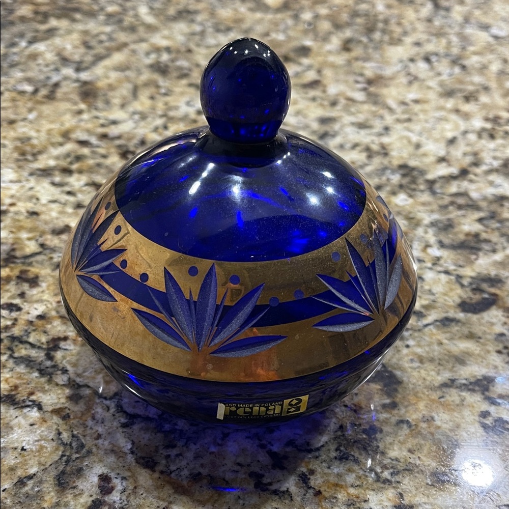 Vintage Polish Cobalt Blue Glass Trinket Jar Box Gold “Irena”